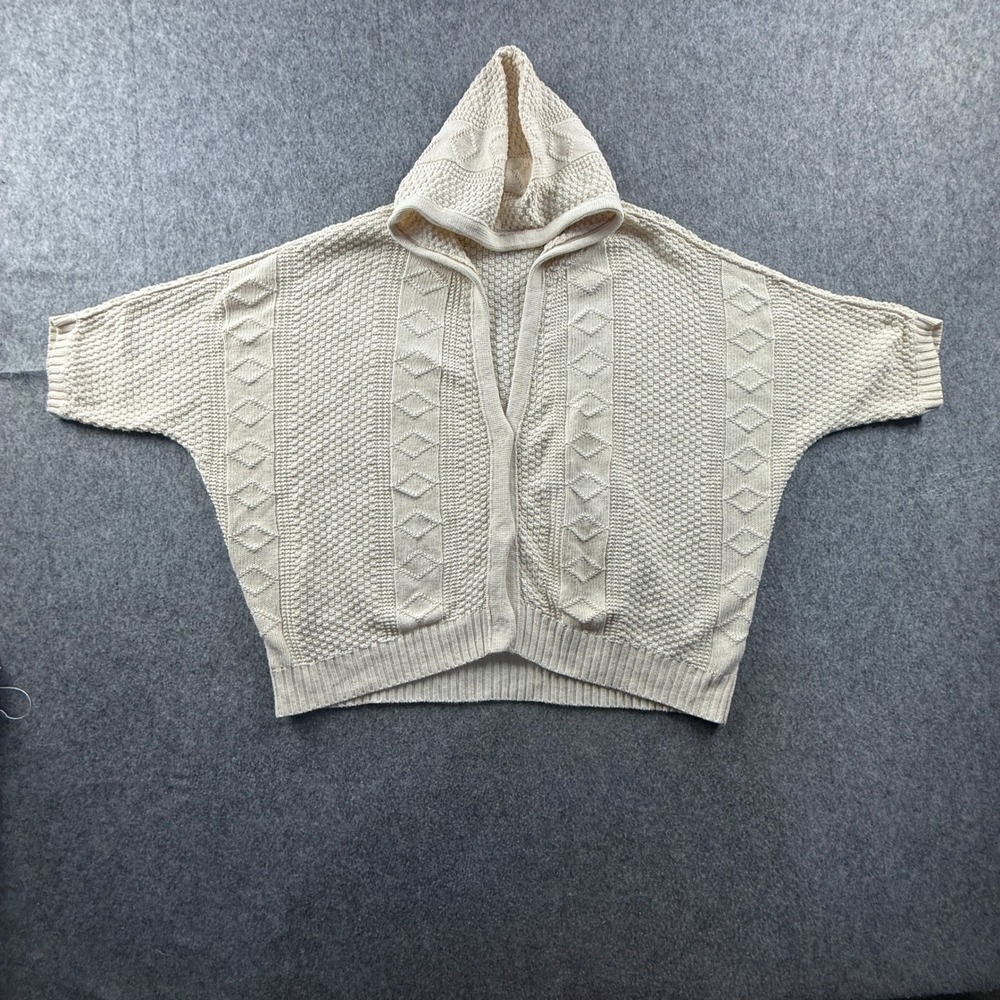 Free People Women Cardigan Sweater L Cream Hooded Cable Popcorn Knit 100% Cotton